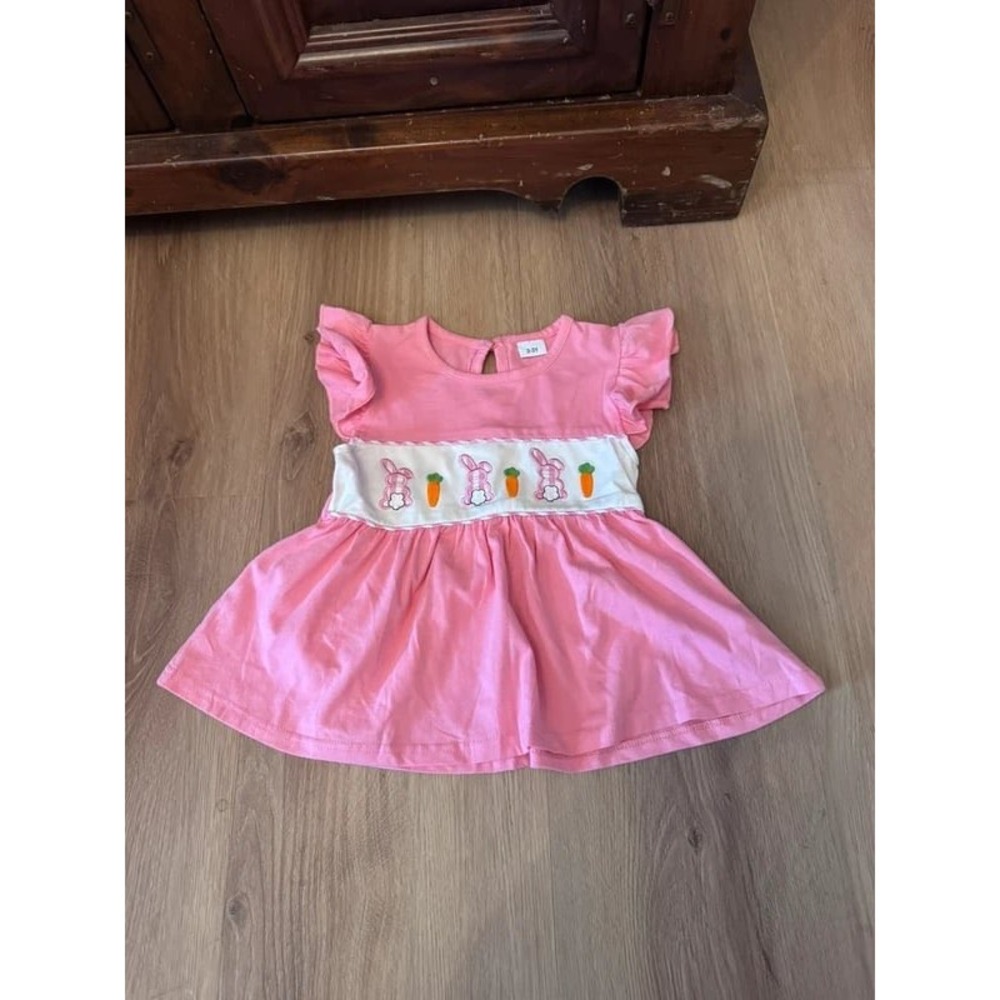 Pink Smocked Bunny Carrot Flutter Sleeve Easter Dress Toddler Girls 2-3Y